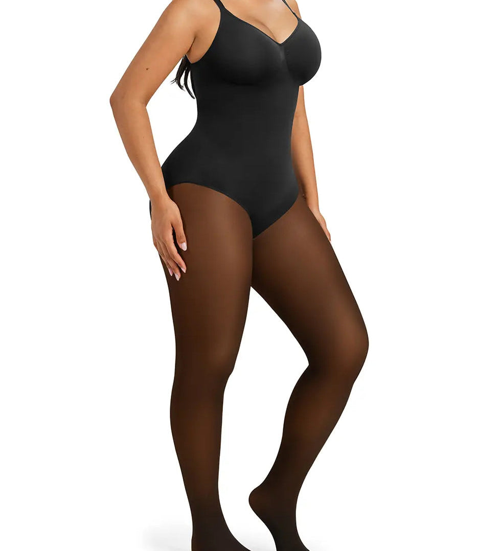 V Neck Adjustable Strap Warm Lined Sheer Panel Tummy Control Bodysuit