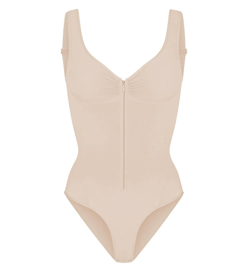 Deep V Seamless Backless Triangle Shapewear Bodysuit with Front Zipper