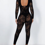 Sexy Long Sleeve Sheer Lace Open Back Bodycon Jumpsuit