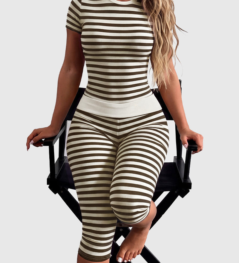 Striped Crew Neck Short Sleeve Crop Top Capri Leggings Two Piece Set