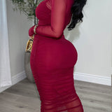 Women's Ruched Mesh Sheer Mock Neck Long Sleeve Midi Bodycon Dress