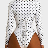 Polka Dot Square Neck Long Sleeve Bodysuit Detachable Corset Two Piece Set