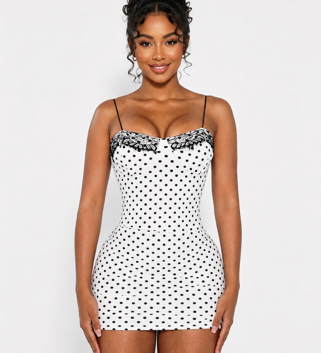 Polka Dot Lace Trim Thin Strap Bodycon Mini Dress