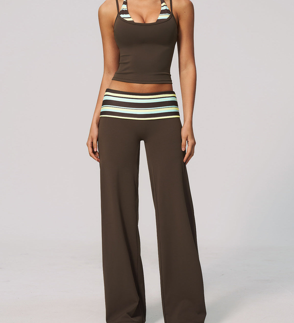 Two Piece Workout Set Halter Cami Crop Top with Wide Leg Pants