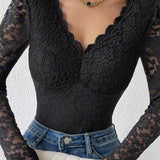 Floral Lace Sheer Long Sleeve Bodysuit V Neck Slim Fit Thong Body Shaper