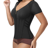 V Neck Front Zipper Short Sleeve Segmented Bone Waist Trainer Compression Shaping Top