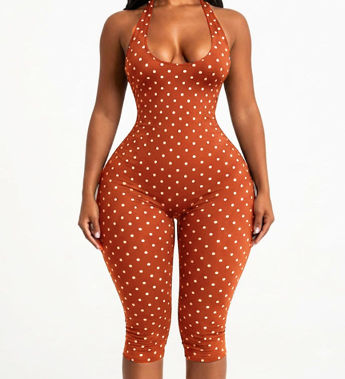Halter Tie Open Back Polka Dot  Slim Waist Capri Jumpsuit