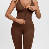 High Compression Zip Front Deep V Adjustable Strap Shapewear Jumpsuit