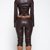 Faux Leather Zipper Corset Top Capri Pants Two Piece Outfit Set