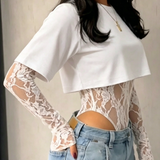 Short Sleeve Crop Top Lace Bodysuit Two Piece Outfit