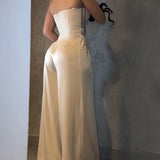 Strapless Mesh Cutout Corset Wide-Leg Jumpsuit