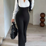 High Waist Button Detail Suspender Flare Jumpsuit