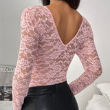 Floral Lace Sheer Long Sleeve Bodysuit V Neck Slim Fit Thong Body Shaper
