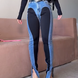 High Waist Contrast Color Skinny Jeans with Front Slit