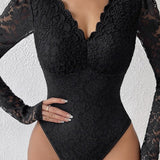 Floral Lace Sheer Long Sleeve Bodysuit V Neck Slim Fit Thong Body Shaper