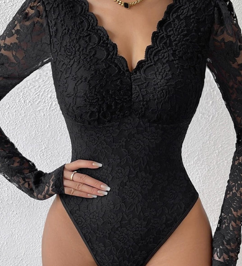 Floral Lace Sheer Long Sleeve Bodysuit V Neck Slim Fit Thong Body Shaper