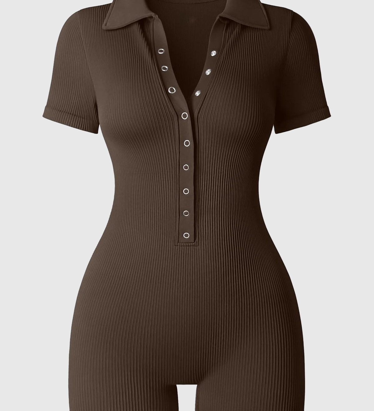 Ribbed Polo Collar Half Snap Front Short Sleeve Bodycon Romper