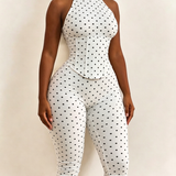 Polka Dot Halter Neck Hourglass Capri Jumpsuit with Detachable Corset Two-Piece Set