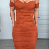 Off Shoulder Ruched Tummy Tuck Bodycon Midi Dress with Fishbone