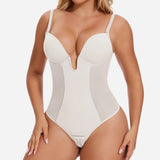 Sexy Plunge Neck Backless Mesh Panel Shapewear Thong Bodysuit