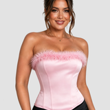 Black Velvet Feather Trim Strapless Corset Top with Lace Up Back