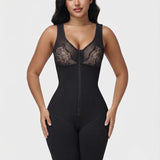 V Neck Lace Mesh Panel  Mid Thigh Tummy Control Bodysuit Zipper Shapewear