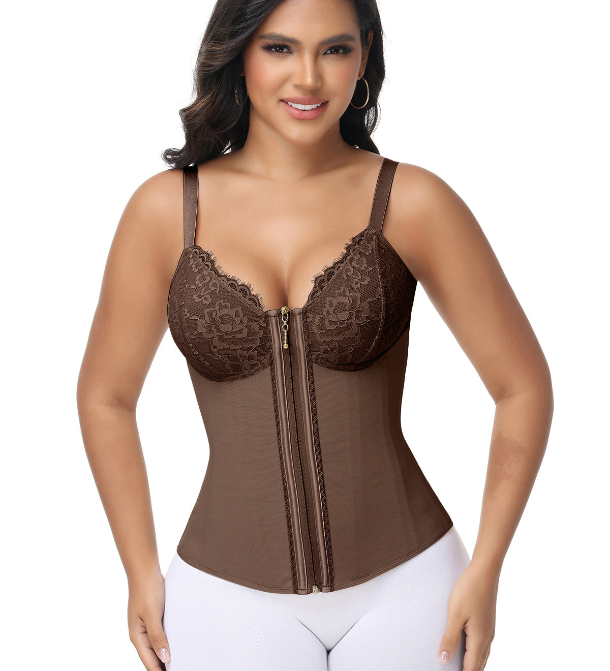 Sorelyne® Deep V Lace Corset Top Trimmed Waist Trainer with Front Zipper