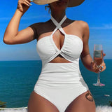 Cross Halter Ruched Front Cutout Backless One Piece Swimsuit