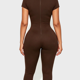 Short Sleeve Plunge Neck Bodycon Capri Jumpsuit with Back Zipper