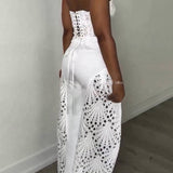 Elegant Strapless Floral Eyelet Cutout Top & Wide Leg Pants Set