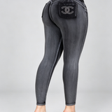 High Waist Double Button Rhinestone Ripped Butt Lifting Skinny Jeans