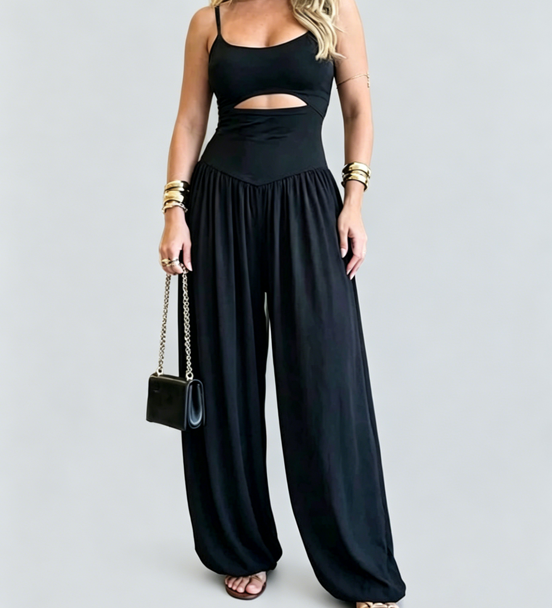 Solid Color Cut-out Cami Backless Jumpsuit