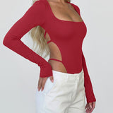 Square Neck Long Sleeve Backless Thong Slim Fit Bodysuit