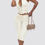 Two Piece Denim Set Zip Front Lace Up Sleeveless Top Capri Pants