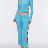 Two Piece Activewear Set Stripe Zip Up Hooded Crop Top with Capri Flare Pants