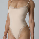 Spaghetti Strap Triangle Shapewear Bodysuit with Lace Trim