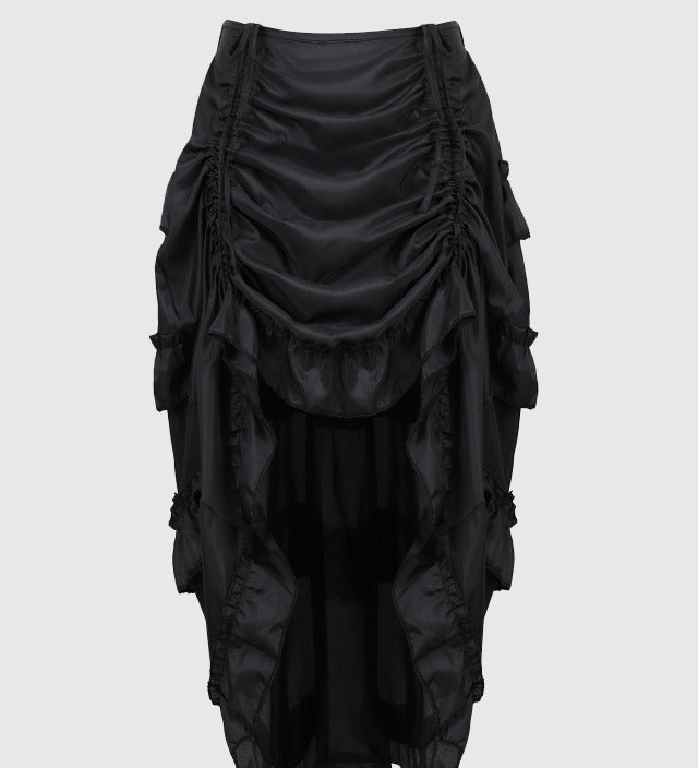 Side Drawstring Ruched Ruffle Trim Irregular High Low Midi Skirt