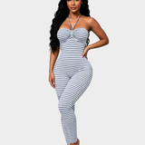 Grey White Stripe Halter Ruched Bust Backless Skinny Full Length Jumpsuit