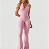 V-neck Lace-trimmed Halter Neck Yoga Sports Fitted Jumpsuit