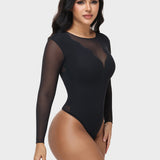 Sheer Mesh Long Sleeve Tummy Control Thong Shaping Bodysuit