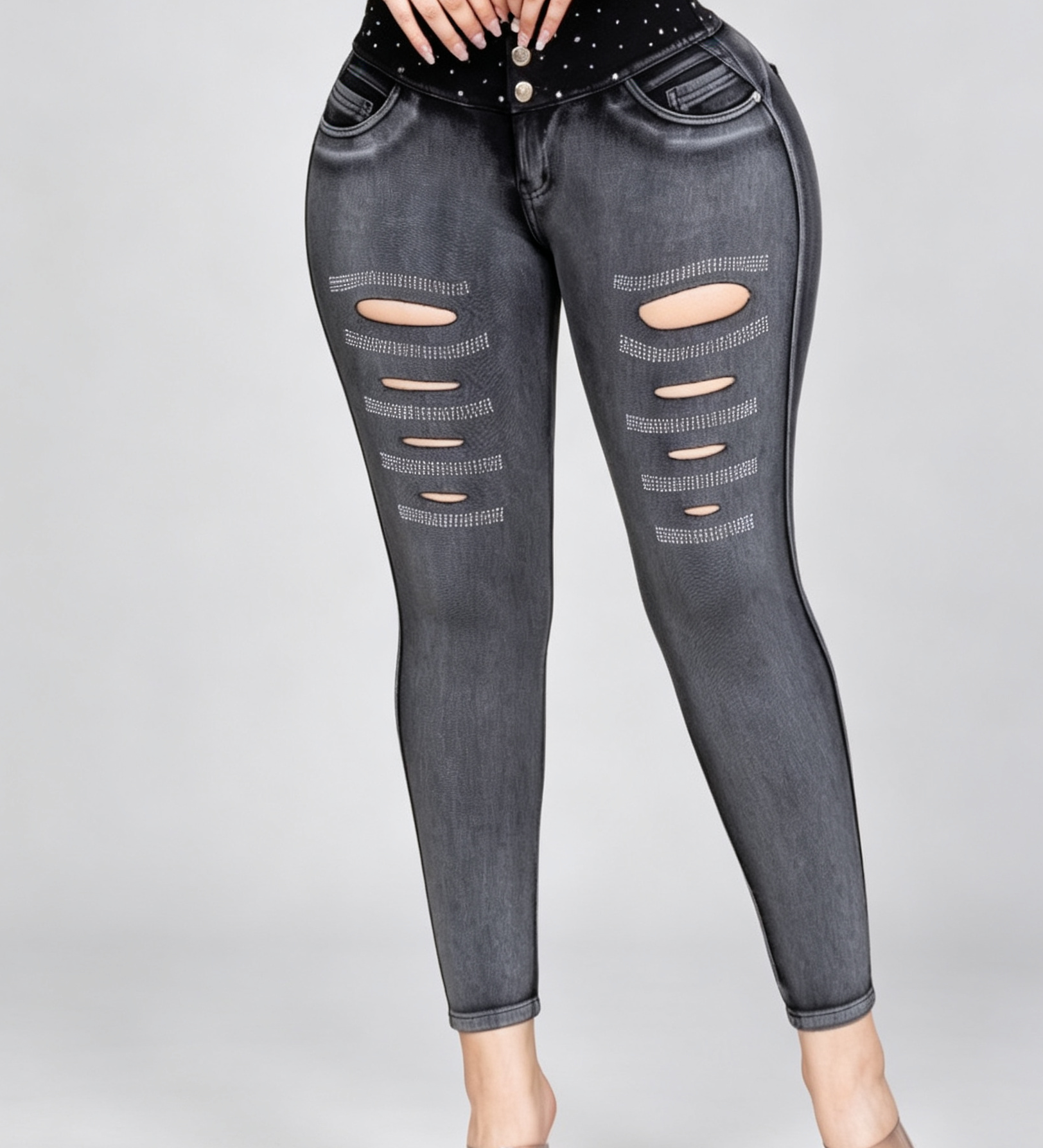 High Waist Double Button Rhinestone Ripped Butt Lifting Skinny Jeans
