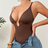 Seamless Plunge Neck Tummy Control Thong Shapewear Bodysuit