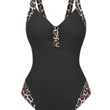 Leopard Patchwork Ruched V Neck Wide Strap One Piece Swimsuit
