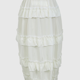 Side Drawstring Ruched Ruffle Trim Irregular High Low Midi Skirt