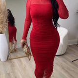 Elegant Mesh Paneled Ruched Bodycon Midi Dress with Mock Neck